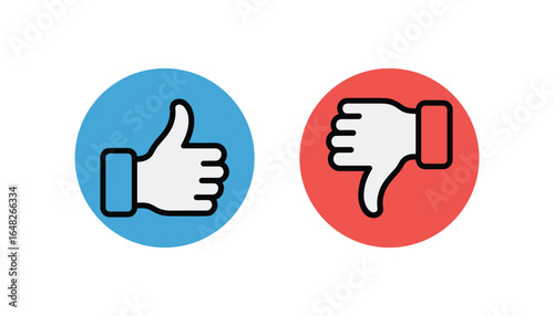 Thumbs up and thumbs down icons set, like and dislike button symbols, social media feedback response icons in flat style.