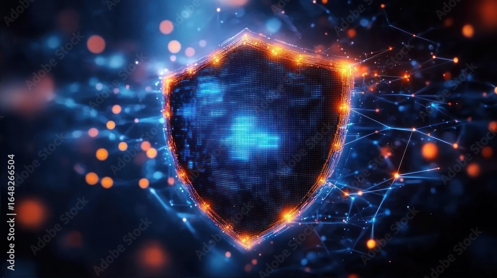 Obraz premium Glowing digital shield surrounded by interconnected network nodes symbolizing cybersecurity and data protection in a futuristic blue and orange color scheme