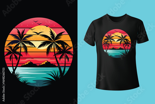 Colorful summer t-shirts on display at a vibrant store during sunny days.