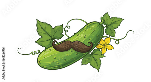 A whimsical illustration of a cucumber with a mustache, leaves, and a yellow flower