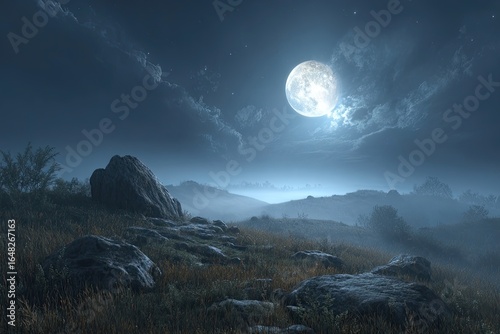 Misty, moonlit landscape with boulders