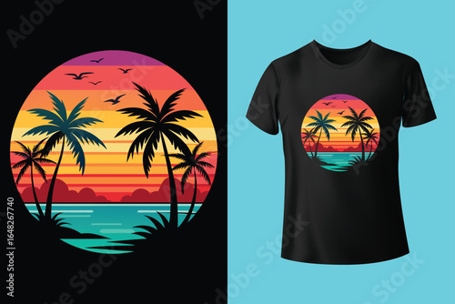 Colorful summer t-shirts on display at a vibrant store during sunny days.
