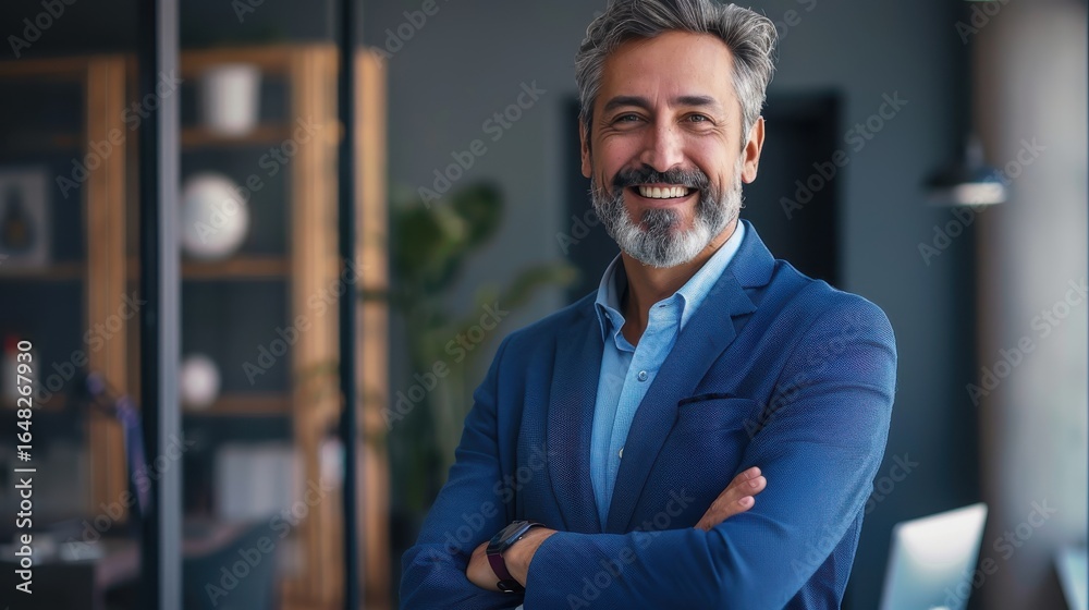 Naklejka premium Happy mid aged business man ceo standing in office arms crossed. Smiling mature confident professional executive manager, proud lawyer, confident businessman leader wearing blue suit, portrait.