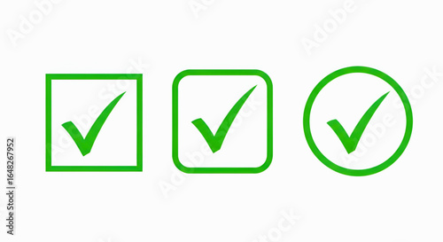 Clean and vibrant green checkmark icons presented in diverse shapes, ideal for signifying successful validation, completion, and approval for various tasks and digital interfaces.