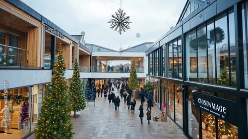 A bustling shopping center atrium, decorated for the holidays