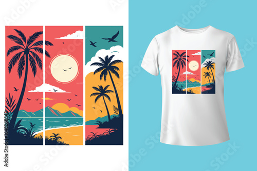 Colorful summer t-shirts on display at a vibrant store during sunny days.