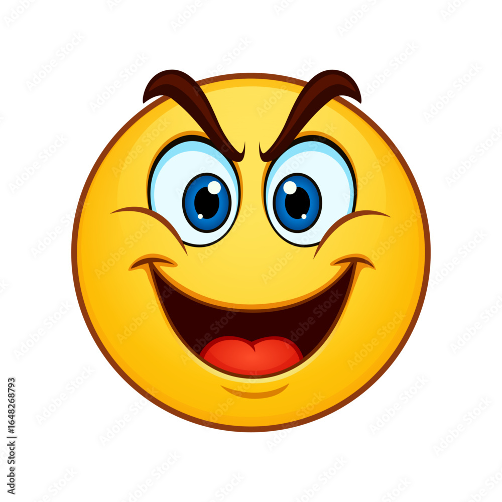 Fototapeta premium Evil Smirk Emoji Face with Raised Eyebrows and Mischievous Expression Vector Graphics