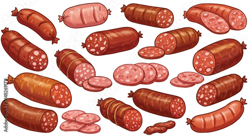An assortment of whole and sliced sausages, varying in size and color