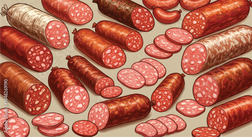 An assortment of various salami and sausages, whole and sliced