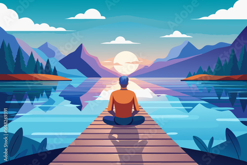 Man meditating peacefully on wooden pier overlooking serene lake and majestic mountains at sunrise
