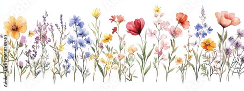Delicate watercolor painting of a variety of colorful wildflowers and small blossoms arranged in a horizontal line with thin green stems and leaves