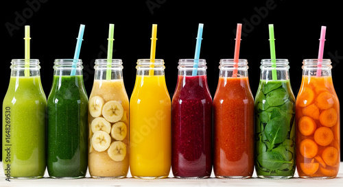 Colorful and healthy fruit and vegetable smoothies in bottles.