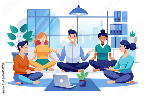 Team finds inner peace together practicing mindfulness meditation at modern office