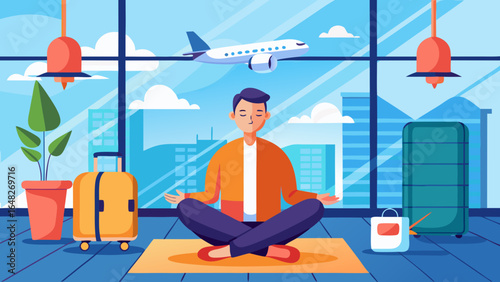 Man peacefully meditating at airport lounge with travel bags and airplane overhead
