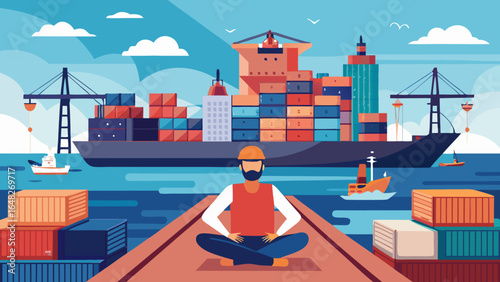 Man meditating on pier overlooking busy cargo port shipping containers and large freighter