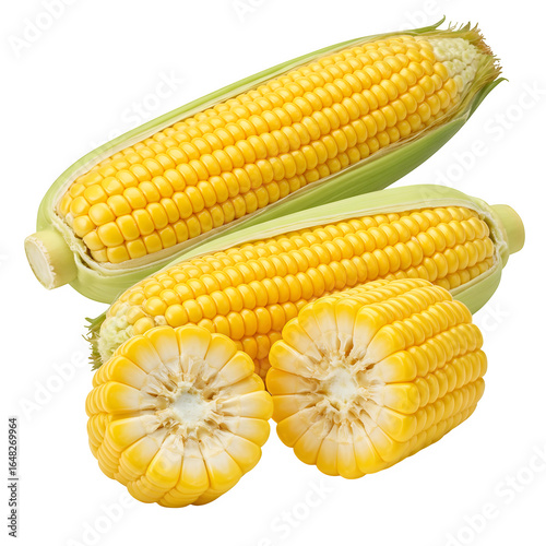 Fresh whole corn on the cob and halved cob with bright yellow kernels, isolated on white or transparent background