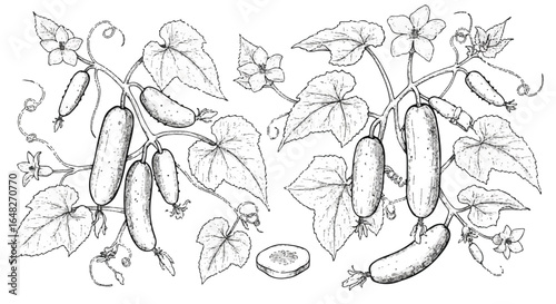 Botanical illustration of cucumbers