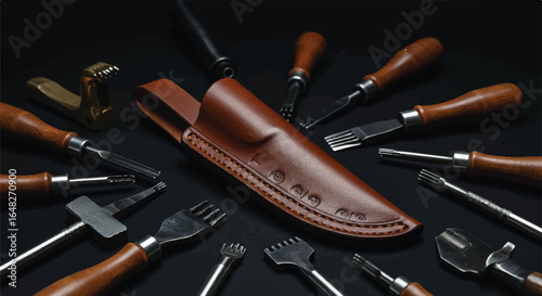 Brown leather knife sheath surrounded by leatherworking tools on black surface