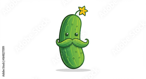 Cartoon cucumber with a mustache and flower