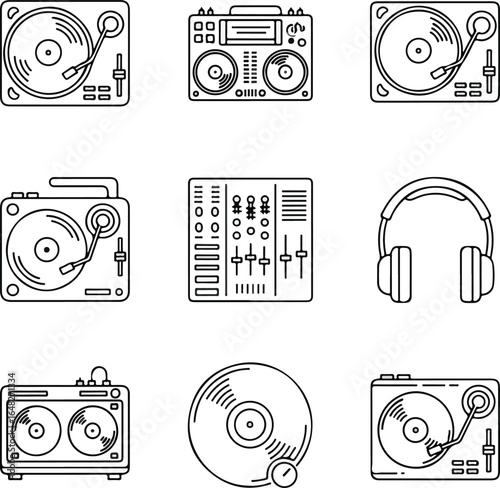 Suitable for music industry design projects, showcasing dj equipment elements in sleek black and white line art illustrations.