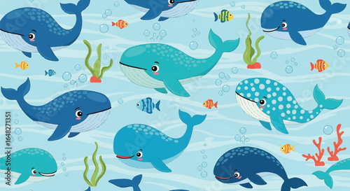 Cartoon whales and small fish swimming underwater