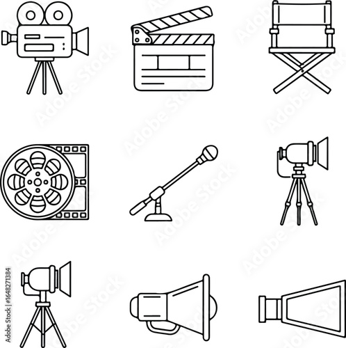 Moviemaking equipment like camera and microphone. Perfect for film industry, videography, cinematography, movie production, and media content creation.