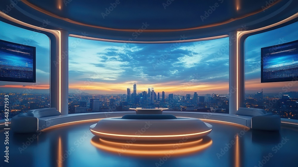 Fototapeta premium Futuristic lounge with panoramic cityscape view at sunset featuring sleek modern furniture and ambient lighting creating a calm and elegant atmosphere