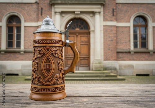 Oktoberfest Ornate wooden beer stein with intricate carvings and metal lid sits on rustic table