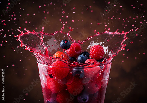 Splashing fresh mixed berries in a glass of juice.