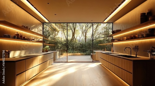 Modern kitchen interior with warm wooden cabinetry and shelves  soft ambient lighting  and large glass doors opening to a sunlit garden with trees