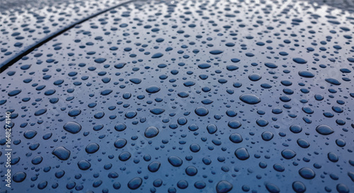 Close-up of water droplets on a smooth, dark blue surface, creating a textured pattern