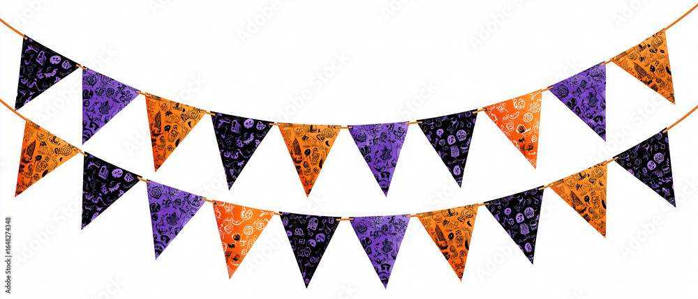 Fototapeta premium Spooky Halloween triangle bunting flags in vibrant orange, purple, and black with creepy patterns
