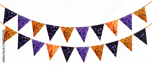 Spooky Halloween triangle bunting flags in vibrant orange, purple, and black with creepy patterns