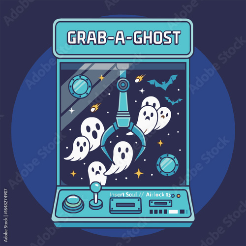 Illustration of a claw machine game filled with cute ghosts, bats, stars, and the words "Grab-A-Ghost" in a playful style.