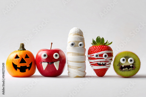 Creative Halloween fruits decorated as pumpkin, vampire apple, mummy, and monster