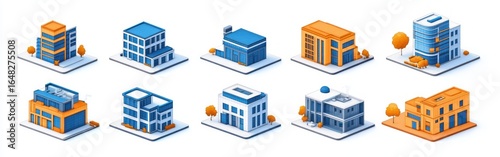 Set of ten modern isometric office buildings with blue and orange accents surrounded by small orange trees on separate plots
