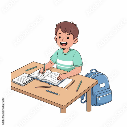 Happy schoolboy studiously writing in an open notebook at a wooden desk with school supplies and backpack