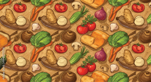 Colorful vegetables and bread on a table, seamless food pattern