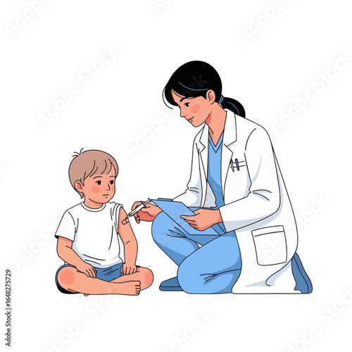 Pediatrician administers vaccine to a little boy, emphasizing routine child healthcare and immunization.