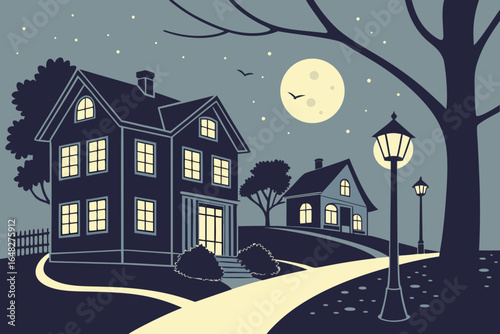 Enchanting night scene with illuminated houses, a full moon, starry sky, and vintage streetlights creating a cozy, inviting atmosphere for storytelling and design projects.