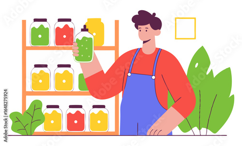 A cartoon man examines green preserves in a jar in front of shelves filled with colorful canned goods and plants.