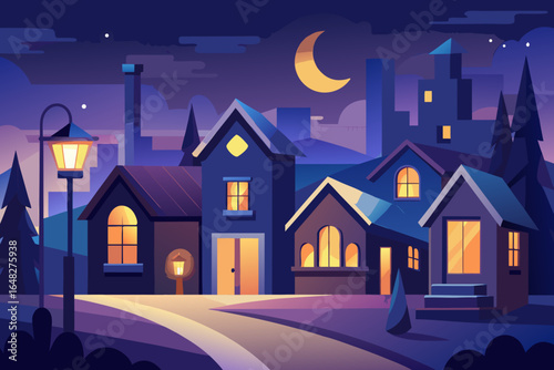 Cozy neighborhood scene illuminated by warm streetlights and a glowing crescent moon, evoking tranquility and peaceful evenings.