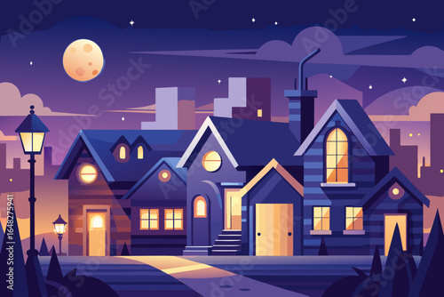Charming neighborhood street scene unfolds under a luminous moonlit sky with warm glowing windows illuminating cozy homes and inviting pathways creating a serene evening atmosphere.