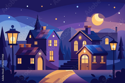 Enchanting twilight village scene with glowing lanterns illuminating charming houses under a starry crescent moon sky, evoking cozy, nostalgic, and magical ambiance for storytelling or holiday themes