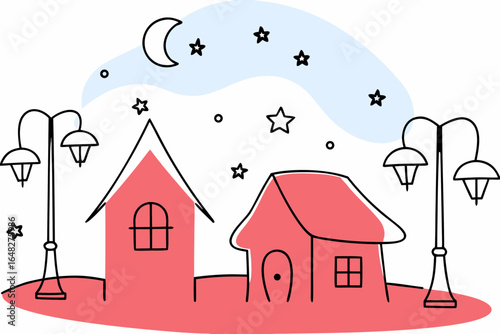 Charming village scene with whimsical houses, illuminated streetlights, and a crescent moon shining brightly over a starry night sky, perfect for creating a cozy and magical atmosphere.