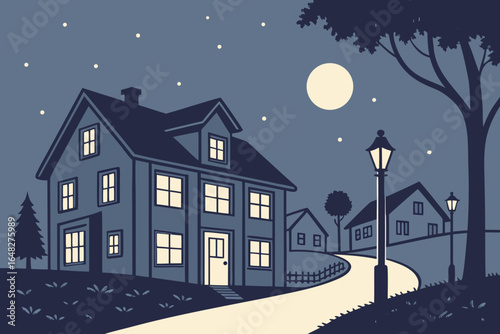 Charming suburban house bathed in moonlight with warm glowing windows and a welcoming pathway leading to a peaceful night scene.