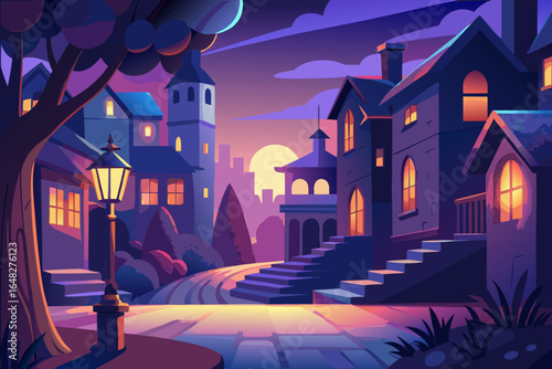 Enchanting twilight street scene with warm glowing windows and vintage lamppost illuminating a cobblestone path leading to charming European-style buildings.