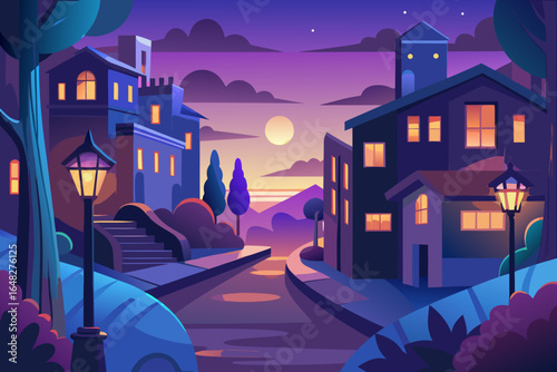 Enchanting twilight scene unfolds with warm glowing windows and vintage streetlights illuminating a serene European village canal, evoking tranquility and charm.