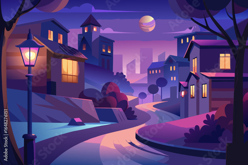 Dreamy twilight cityscape with glowing streetlights and warm windows creating an inviting, serene atmosphere perfect for urban lifestyle and cozy evening scenes.