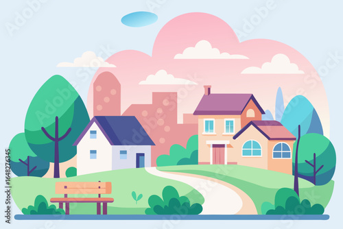Charming suburban scene unfolds with picturesque houses nestled amidst lush greenery and a winding path leading to a tranquil park bench, perfect for relaxation and community.